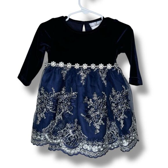 Rare Editions Navy Blue Velvet Lace Rhinestone Dress Bottom Set Girls 6-9 Months - Picture 1 of 13